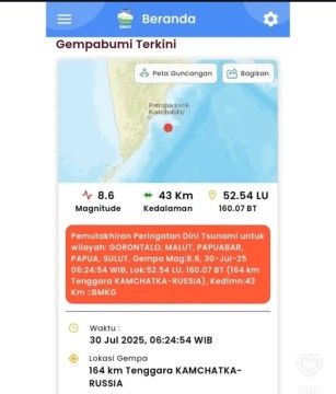 BMKG keluarkan peringatan dini potensi tsunami di sejumlah wilayah di Indonesia imbas gempa besar di Rusia. [Instagram] 